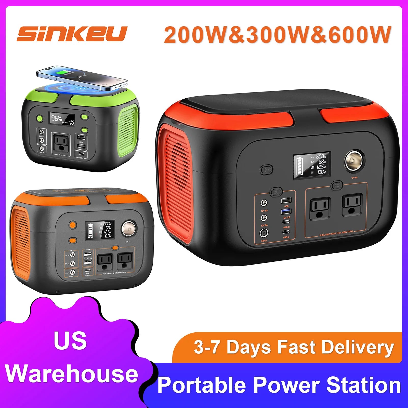 200W/300W/600W Portable Power Station with AC Outlets