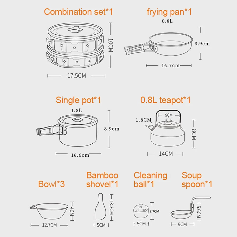 Camping Cookware Set with Teapot for 2–3 People