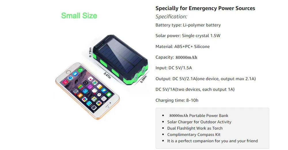 80000mAh Solar Power Bank with LED Light